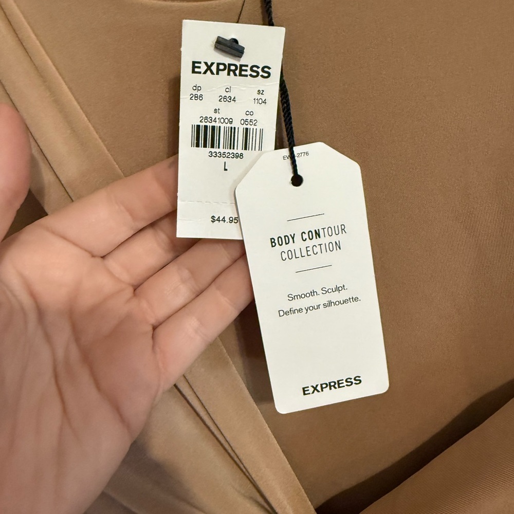 SOLD: Express Tan Twist-Front Body Contouring Shirt NWT - Picture 4 of 8